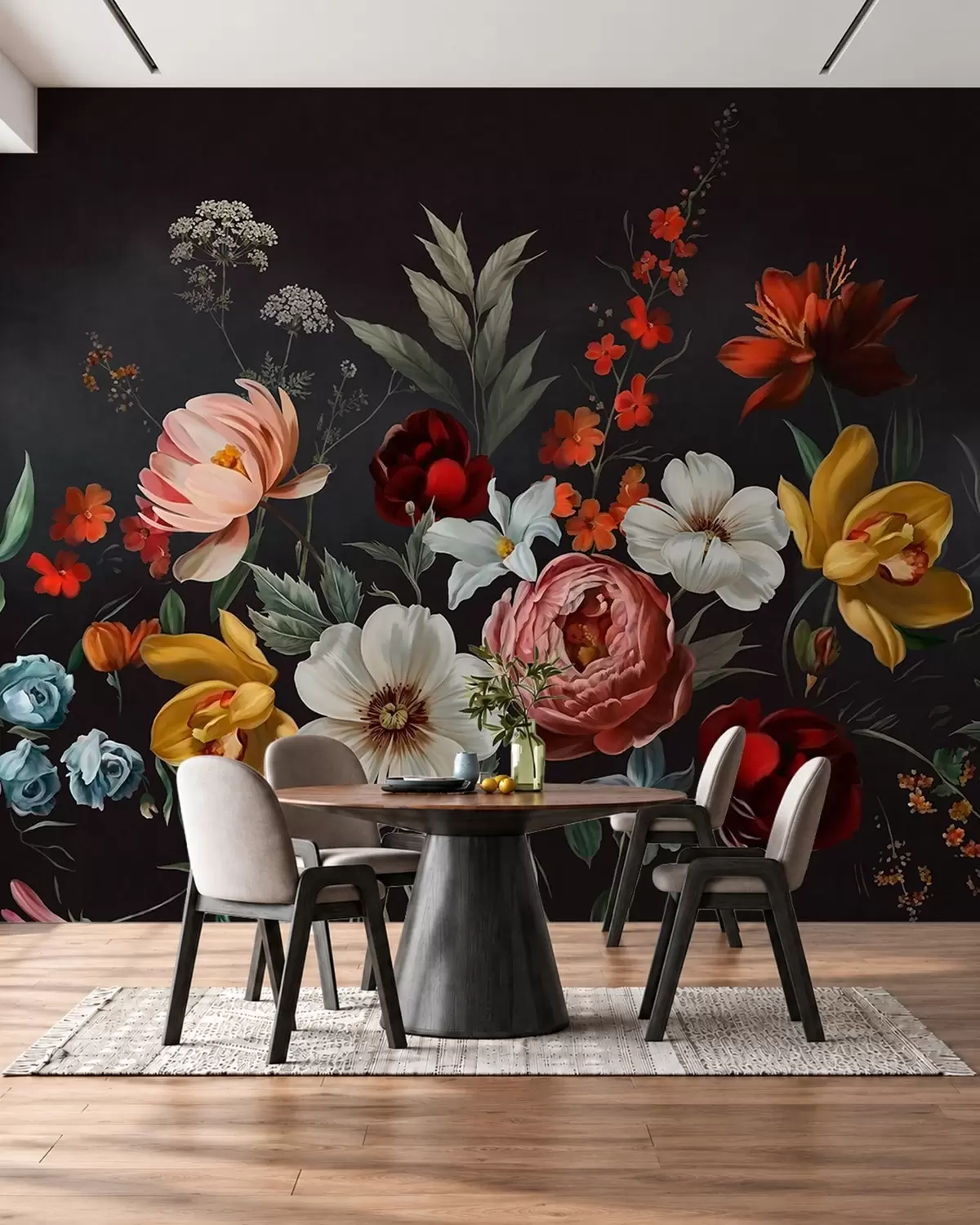 murais de parede Arranjo exuberante de flores coloridas sobre um fundo escuro w05960