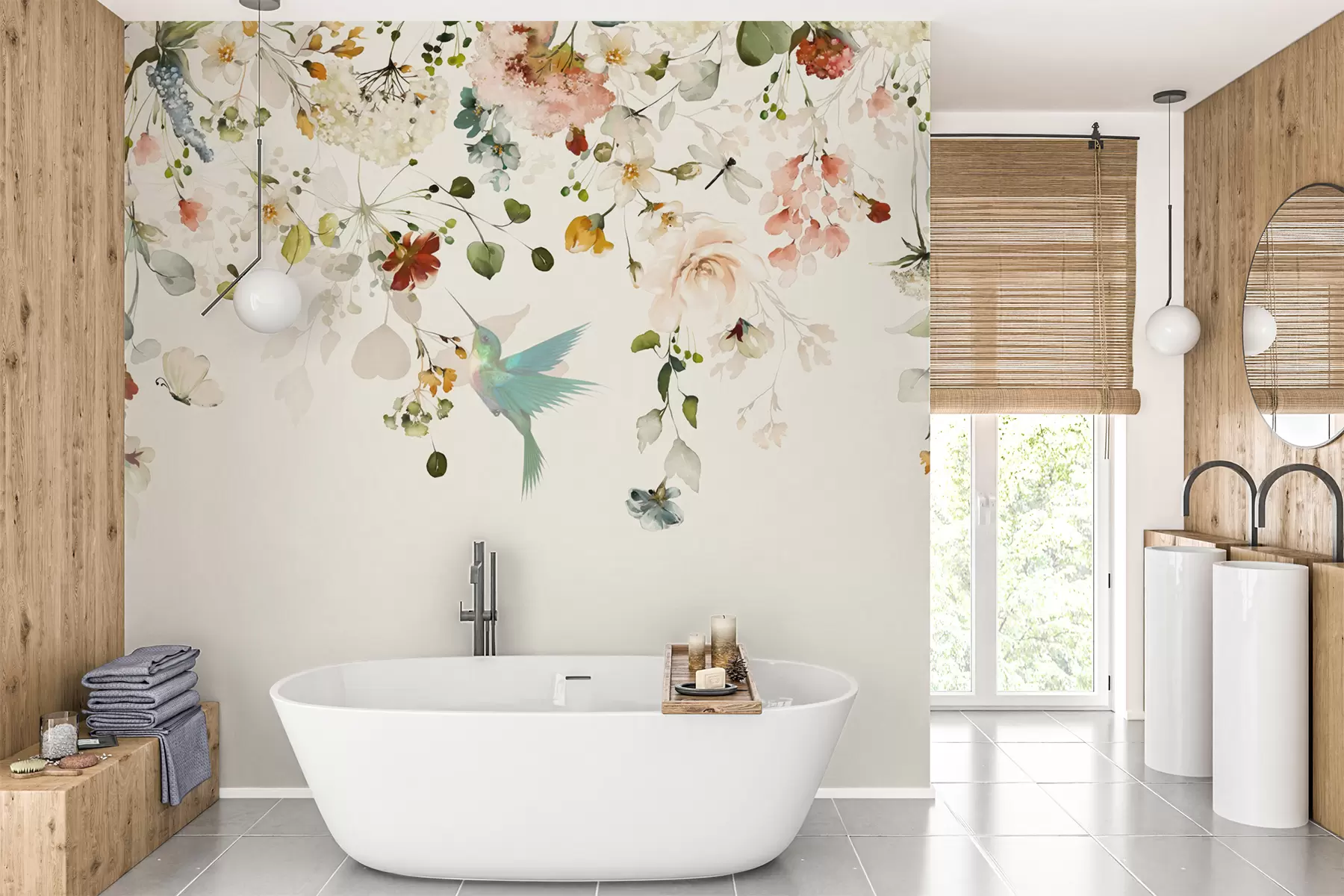 murais de parede flores e colibris u59610