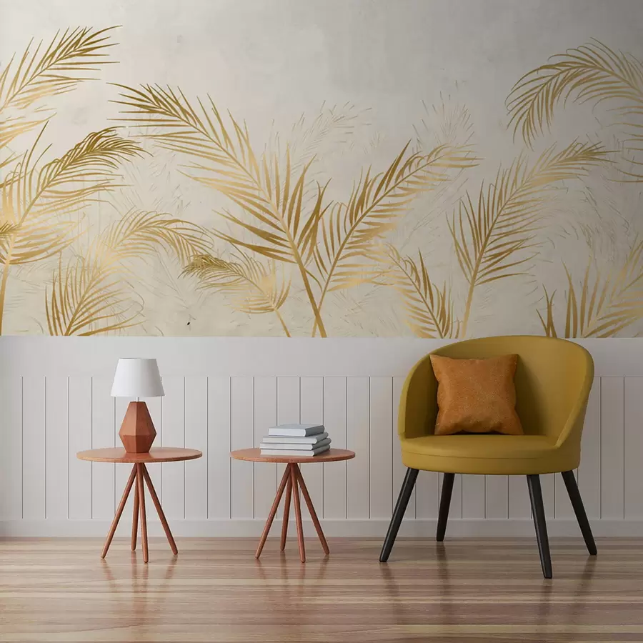 murais de parede Raposa de palmeira amarela num fundo cinzento, folhas de feto u72114