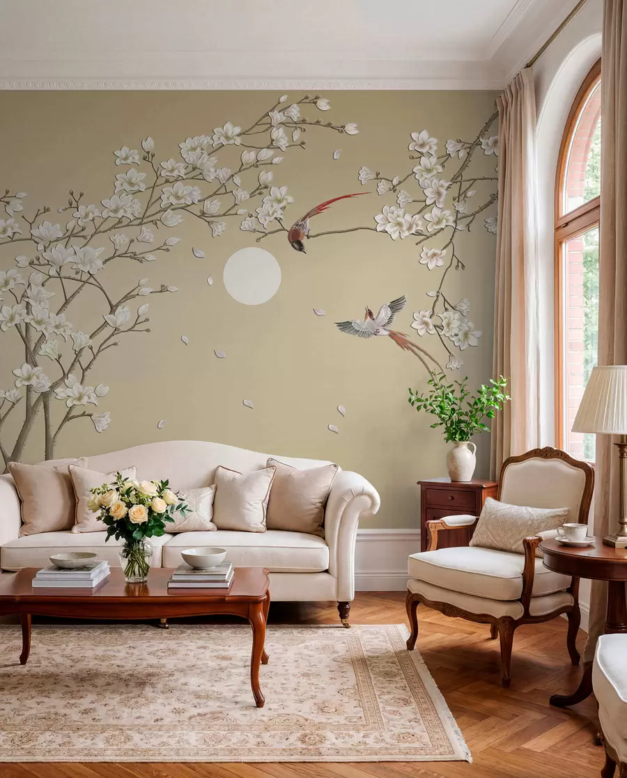 murais de parede Aves entre flores brancas u72938