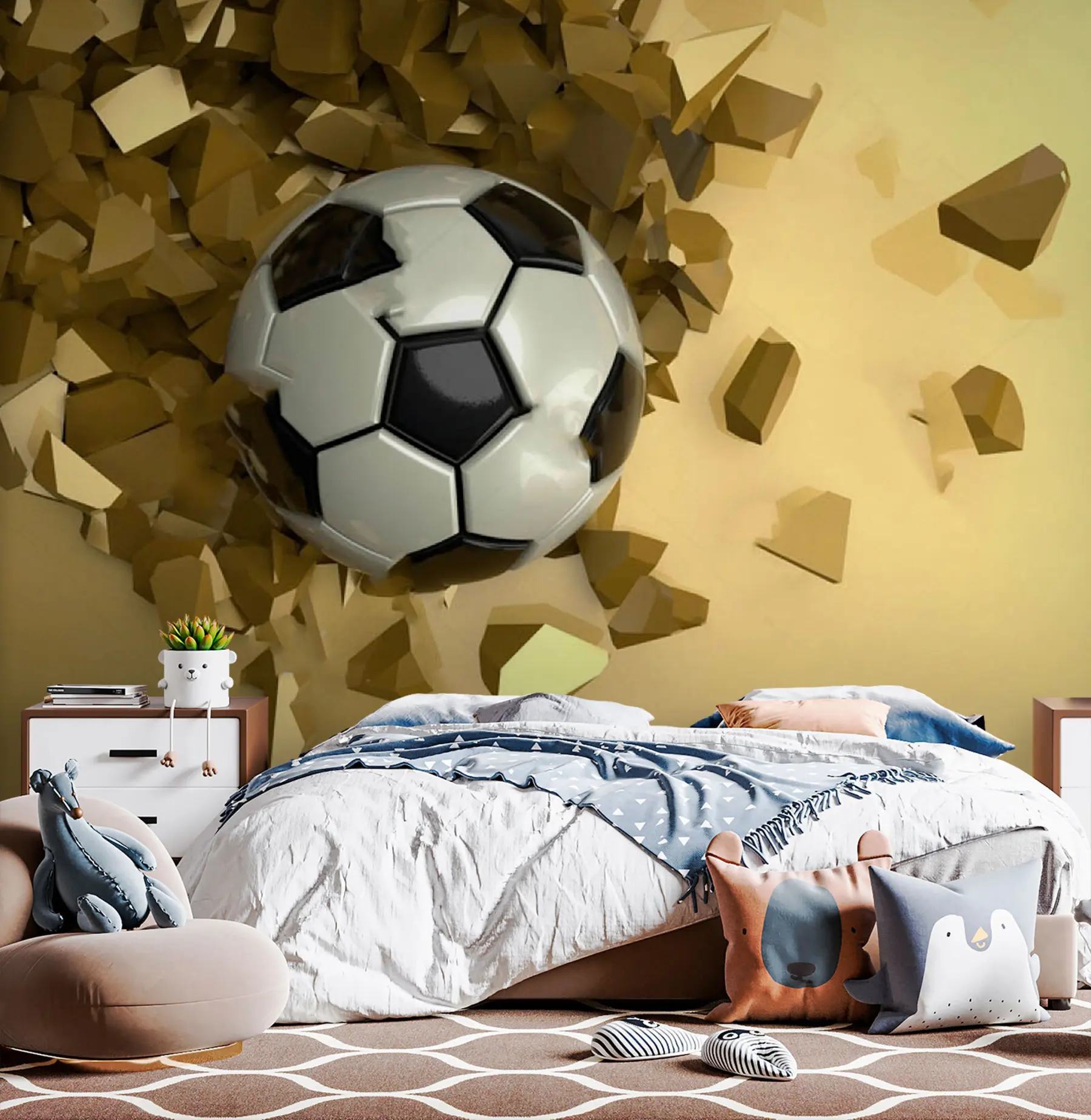 murais de parede Uma bola de futebol atravessa uma parede amarela u72801