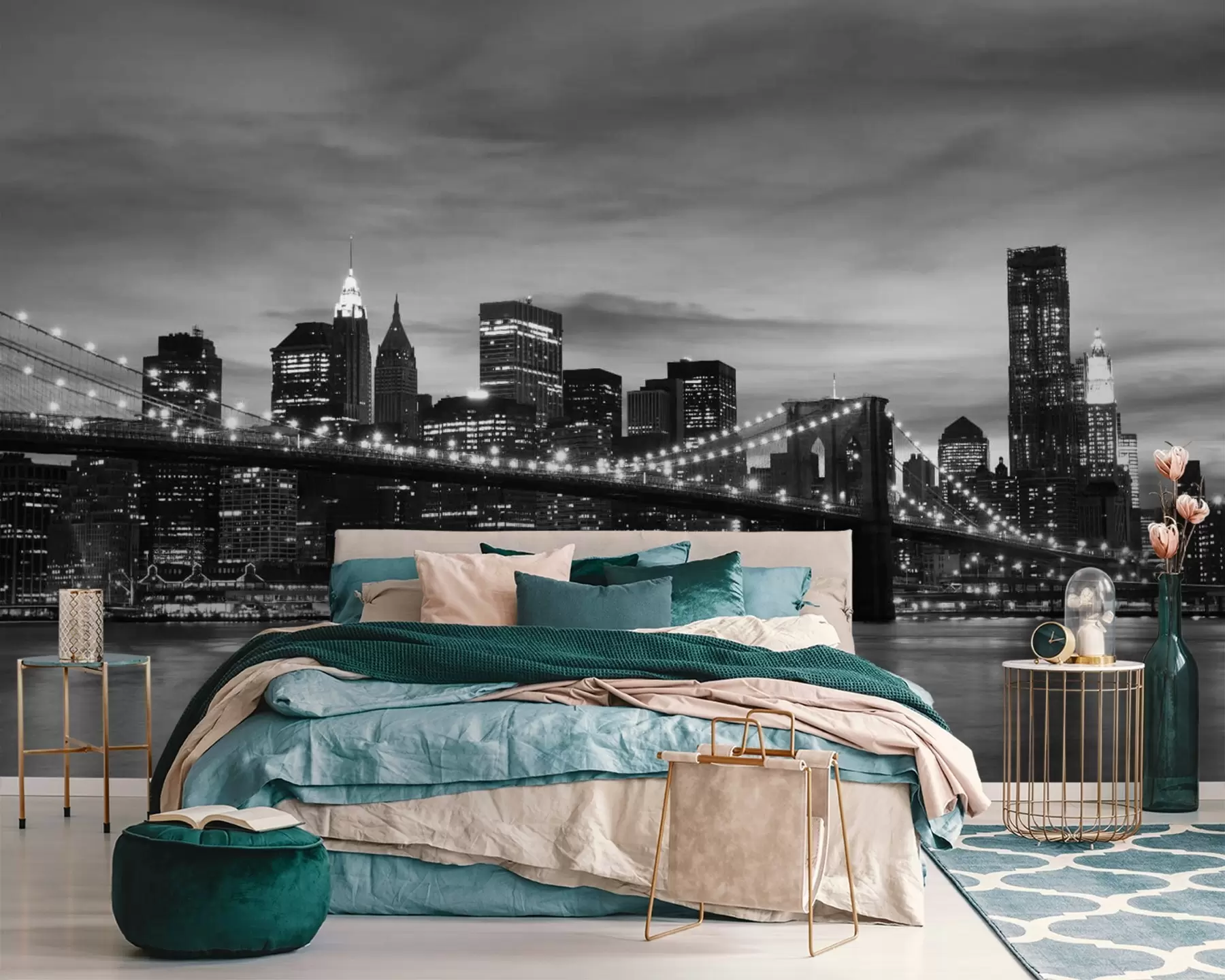 murais de parede Linha do horizonte da cidade ao crepúsculo em monocromático u55510