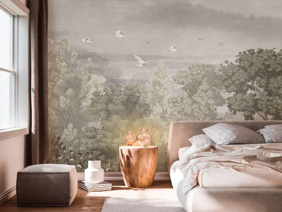 murais de parede Os guindastes voam sobre a floresta u73553