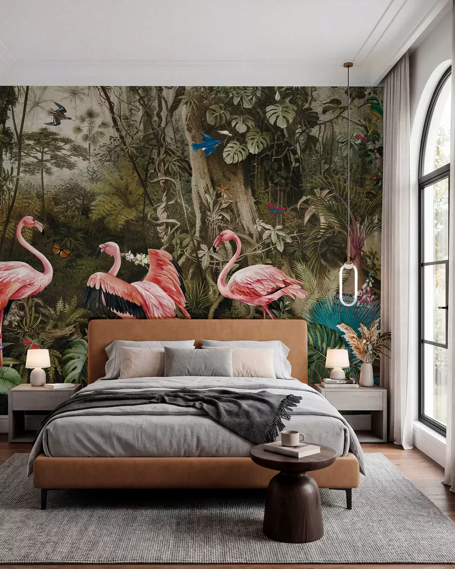 murais de parede Aves tropicais e flamingos na selva u73568