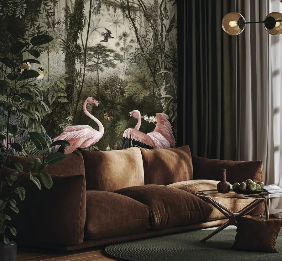 murais de parede Aves tropicais e flamingos na selva u73568