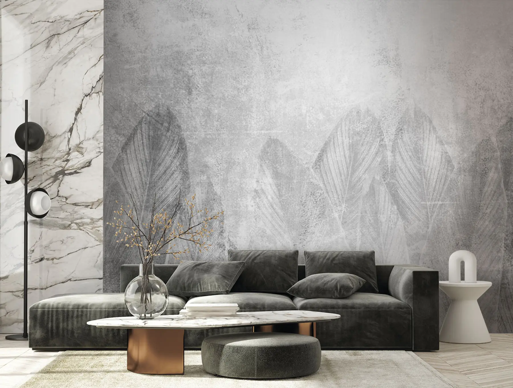 murais de parede Folhas de palmeira de decoração moderna em um fundo de concreto u73876