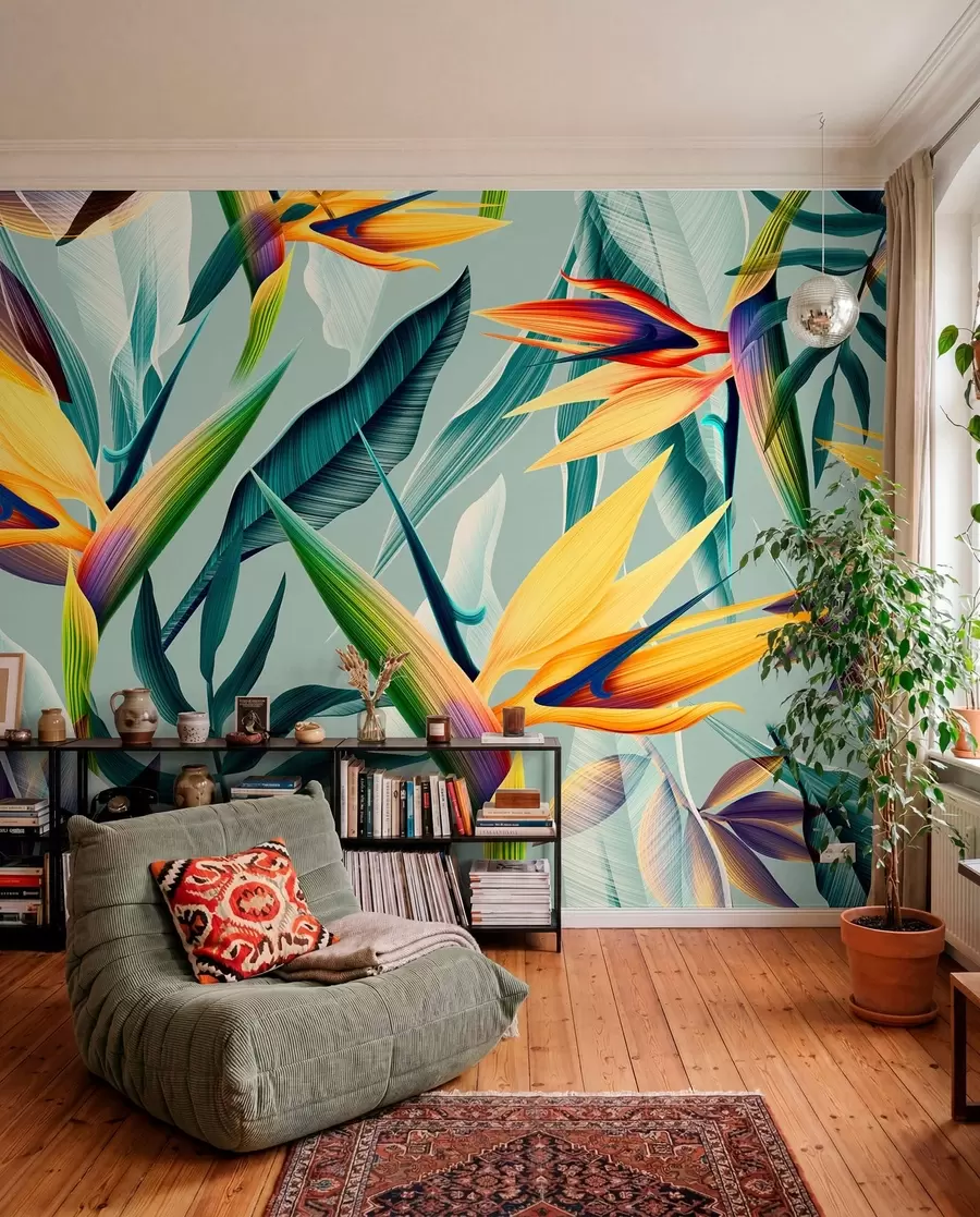 murais de parede Plantas tropicais da moda e folhas em cores brilhantes u73960