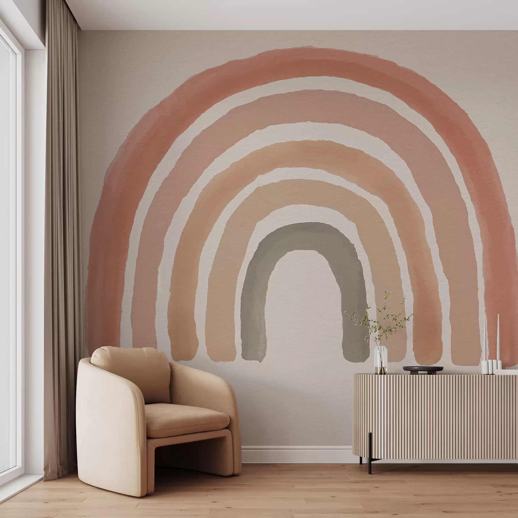 murais de parede papel de parede estilo boho: pêssego coral, arco-íris rosa. Parede Arco-Íris Pastel Rosa u93566