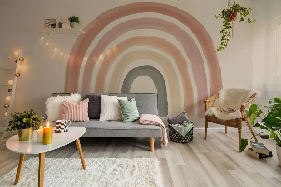 murais de parede papel de parede estilo boho: pêssego coral, arco-íris rosa. Parede Arco-Íris Pastel Rosa u93566