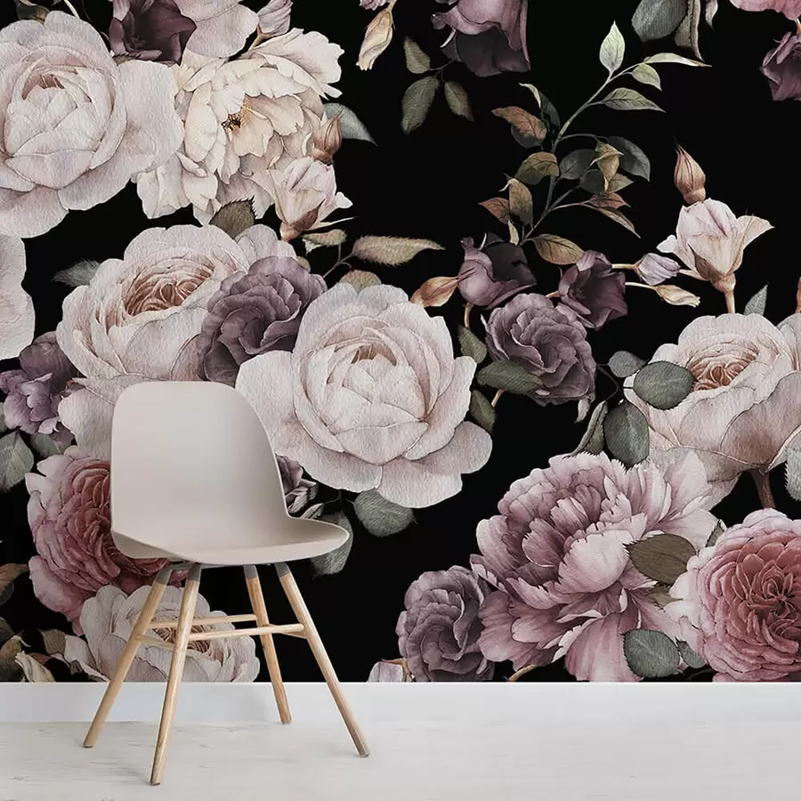 murais de parede Papel de parede rosa vintage - flores em tons de roxo e rosa - ideal para cama e sala u93612