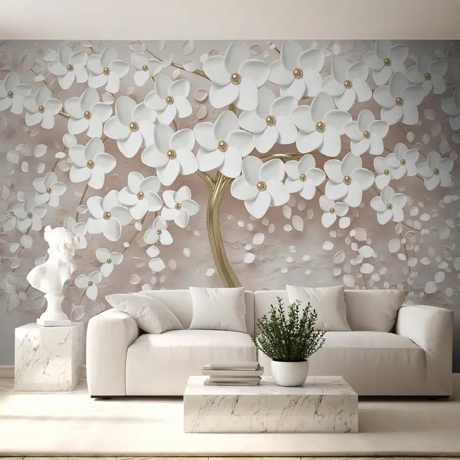 murais de parede Árvore florida com flores grandes em tons de rosa u37065v3
