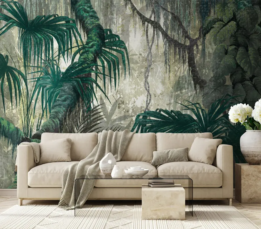 murais de parede Plantas tropicais e árvores em um plano de fundo texturizado u78695