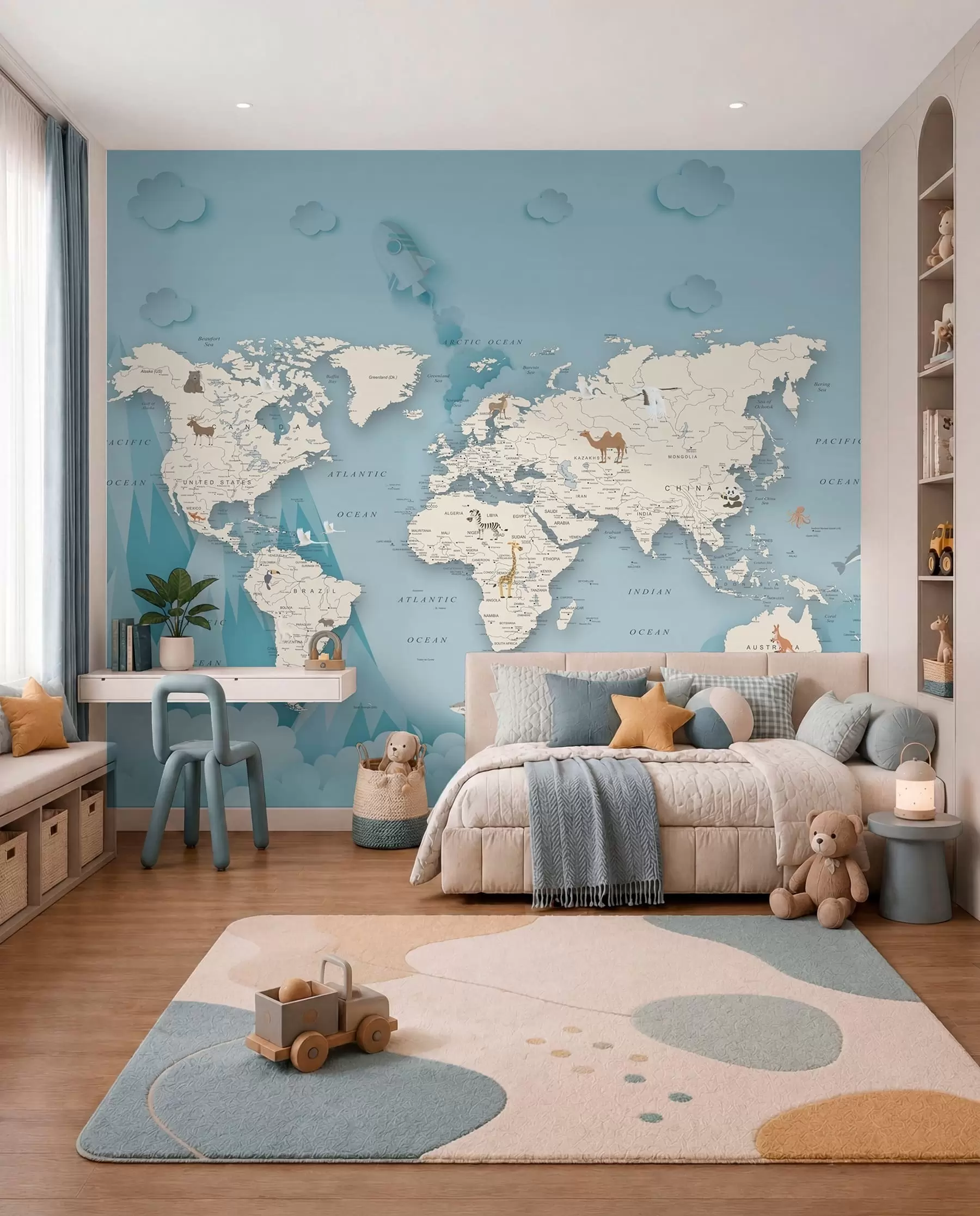 murais de parede Mapa do mundo no fundo das montanhas u79831