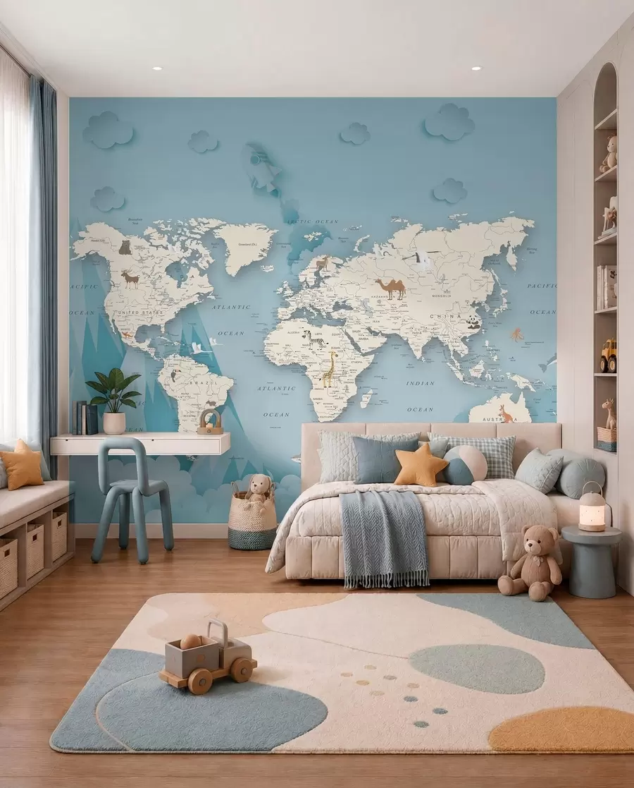 murais de parede Mapa do mundo no fundo das montanhas u79831