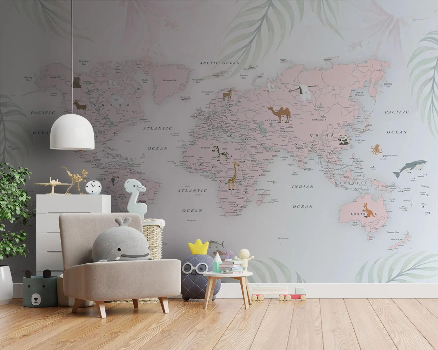 murais de parede Mapa do mundo para meninas em estilo rosa u79832