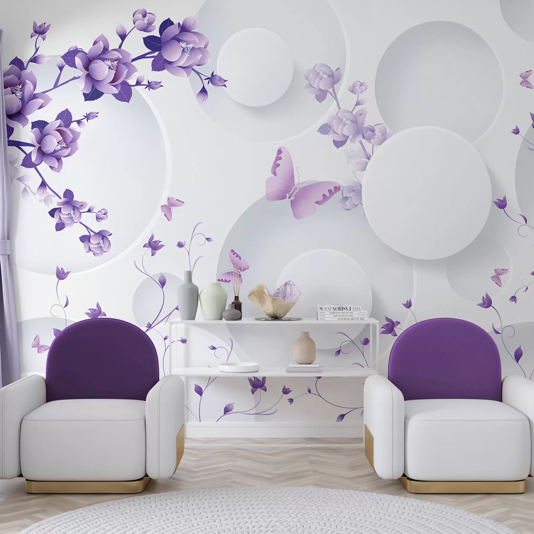 murais de parede Formas 3D com flores e borboletas u74482