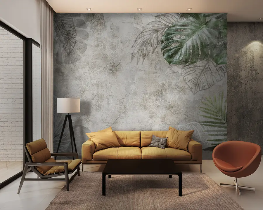 murais de parede Folhas tropicais em uma parede envelhecida u93964