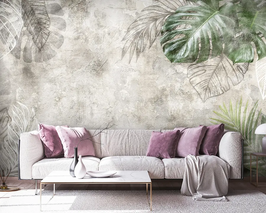 murais de parede Folhas tropicais em uma parede envelhecida u93964
