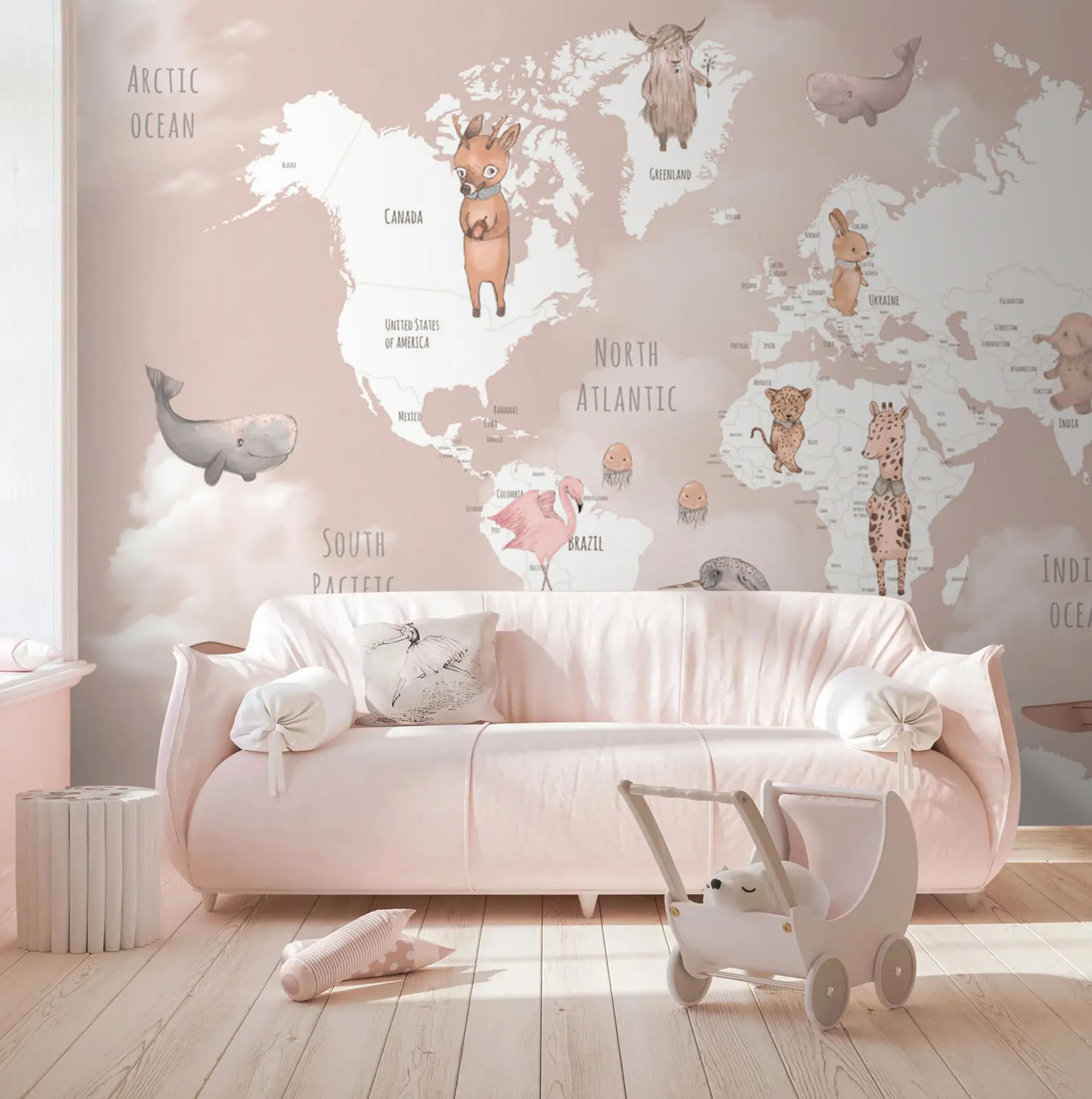 murais de parede Mapa Infantil do Mundo Rosa u74511