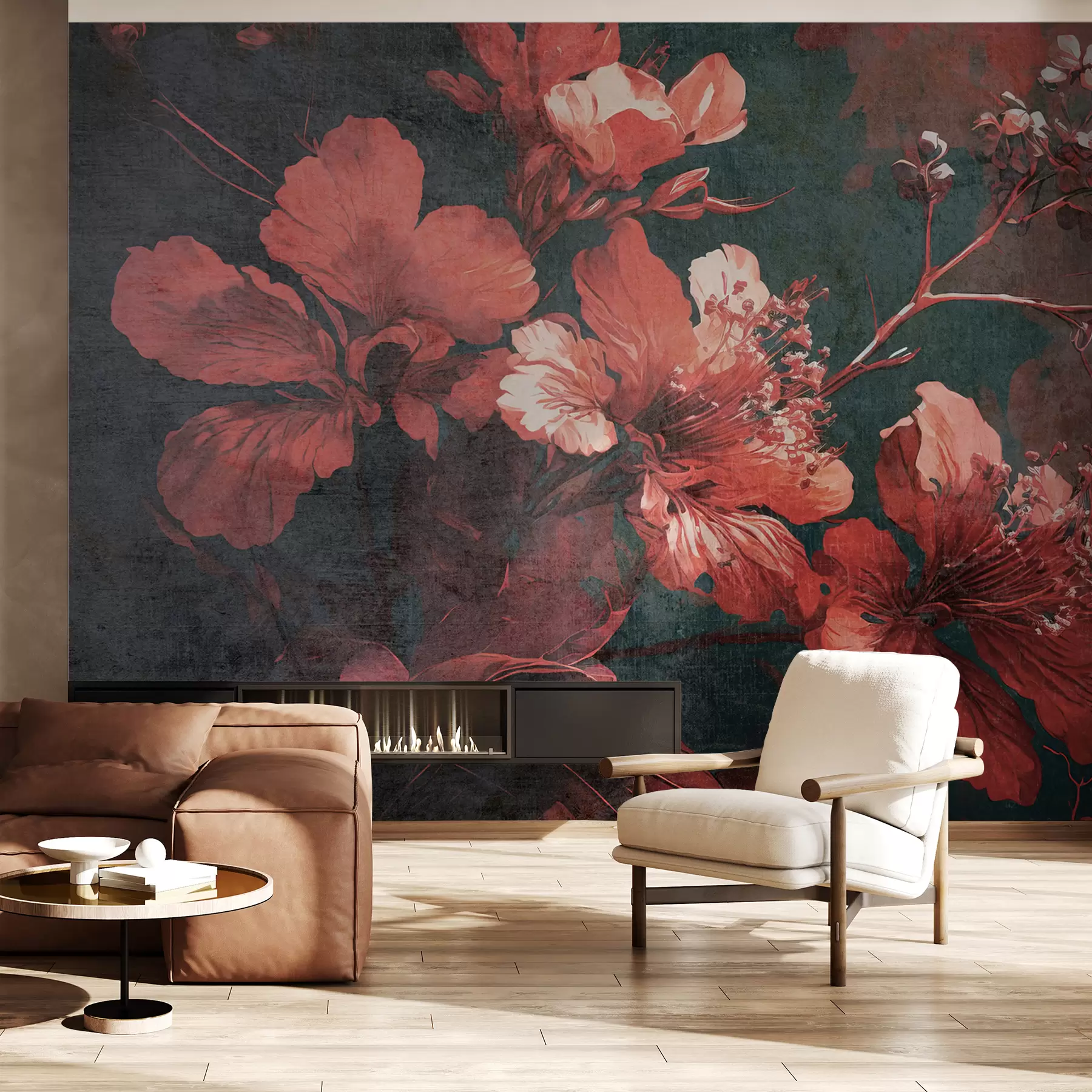 murais de parede Flores vermelhas no estilo grunge u74766