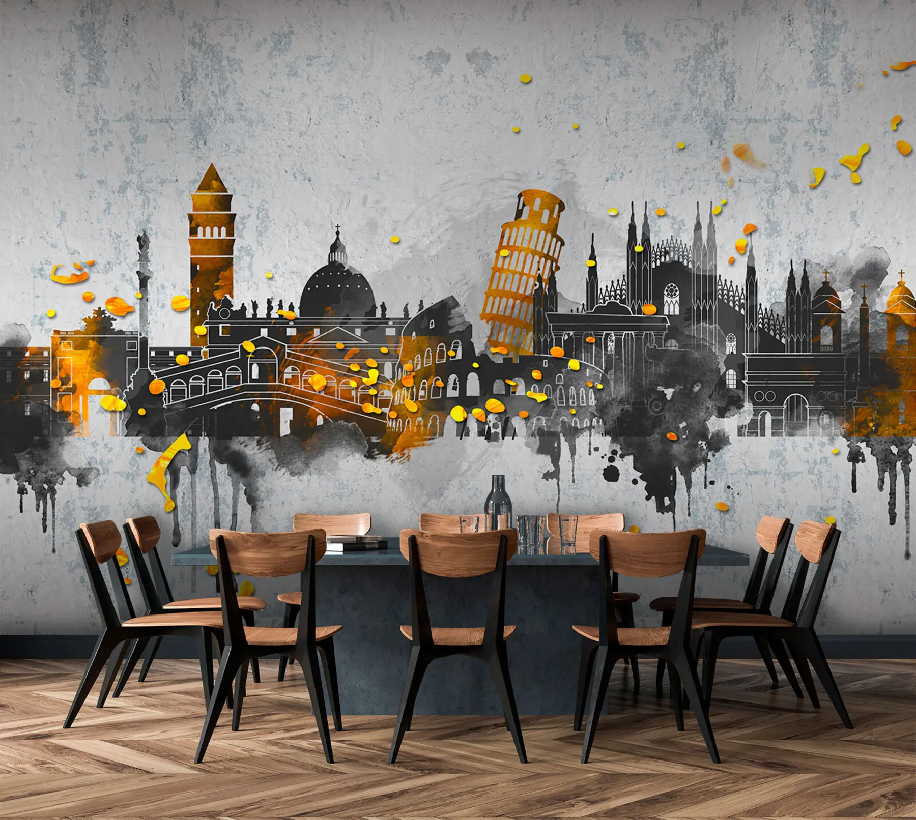 murais de parede Silhuetas escuras de atrações de cidades famosas u74881