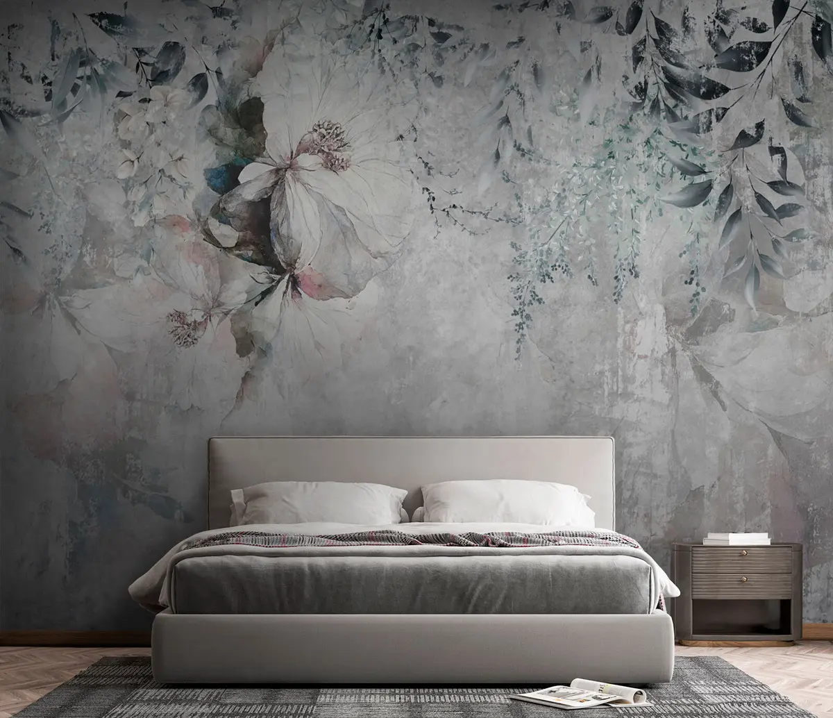 murais de parede Estilo grunge com galhos e botões brancos u74746