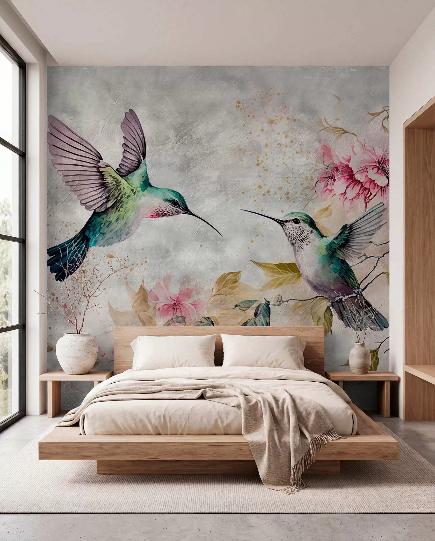 murais de parede Beija-flores em aquarela em um galho u93994