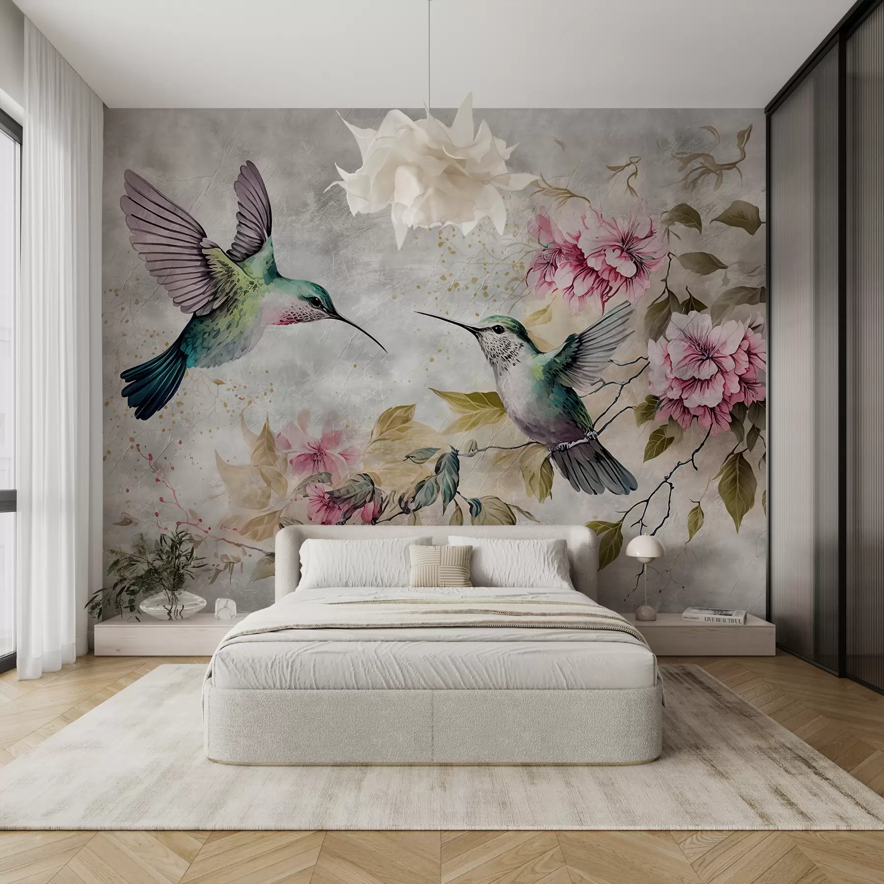 murais de parede Beija-flores em aquarela em um galho u93994