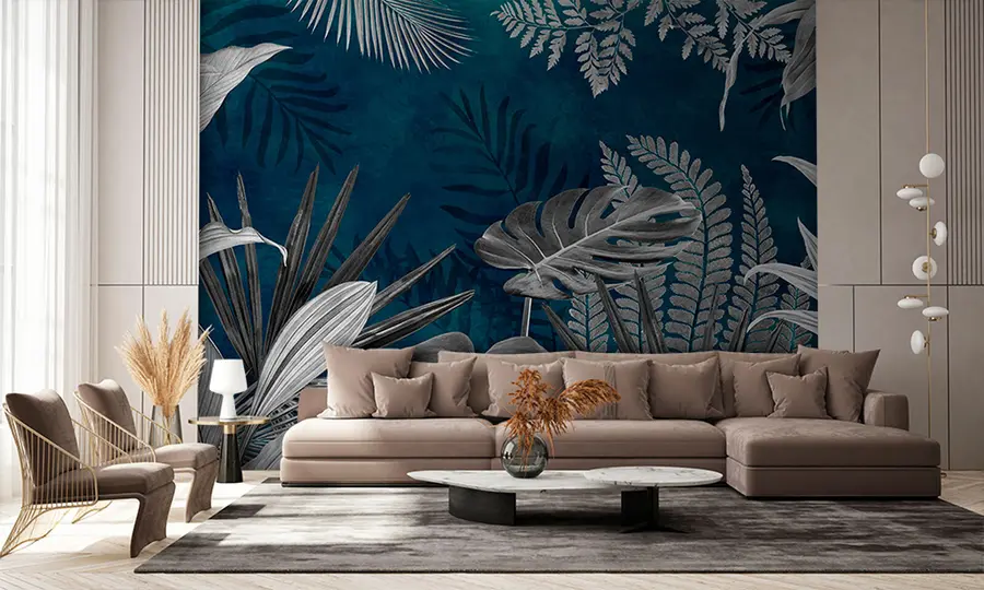 murais de parede Folhas tropicais em fundo azul no estilo grunge u94419