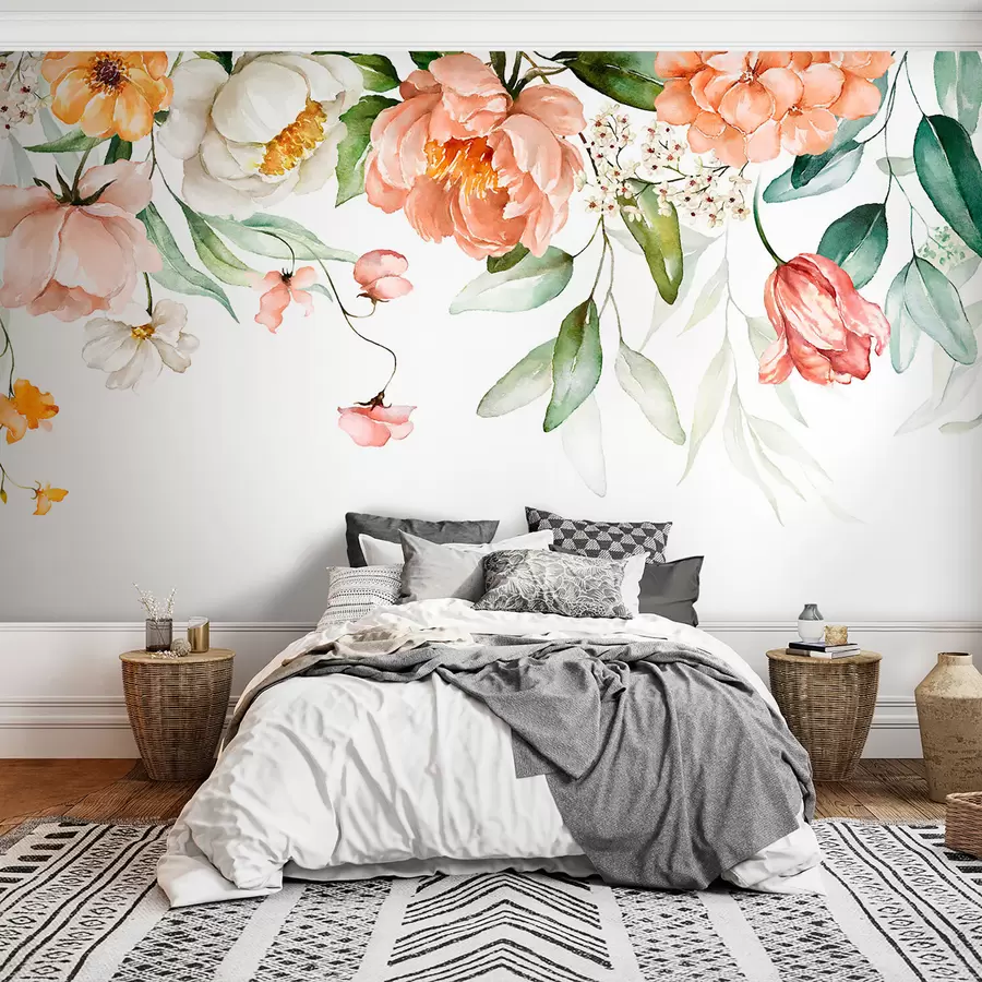 murais de parede Borda do buquê - folhas verdes e flores cor de rosa em fundo branco u94427