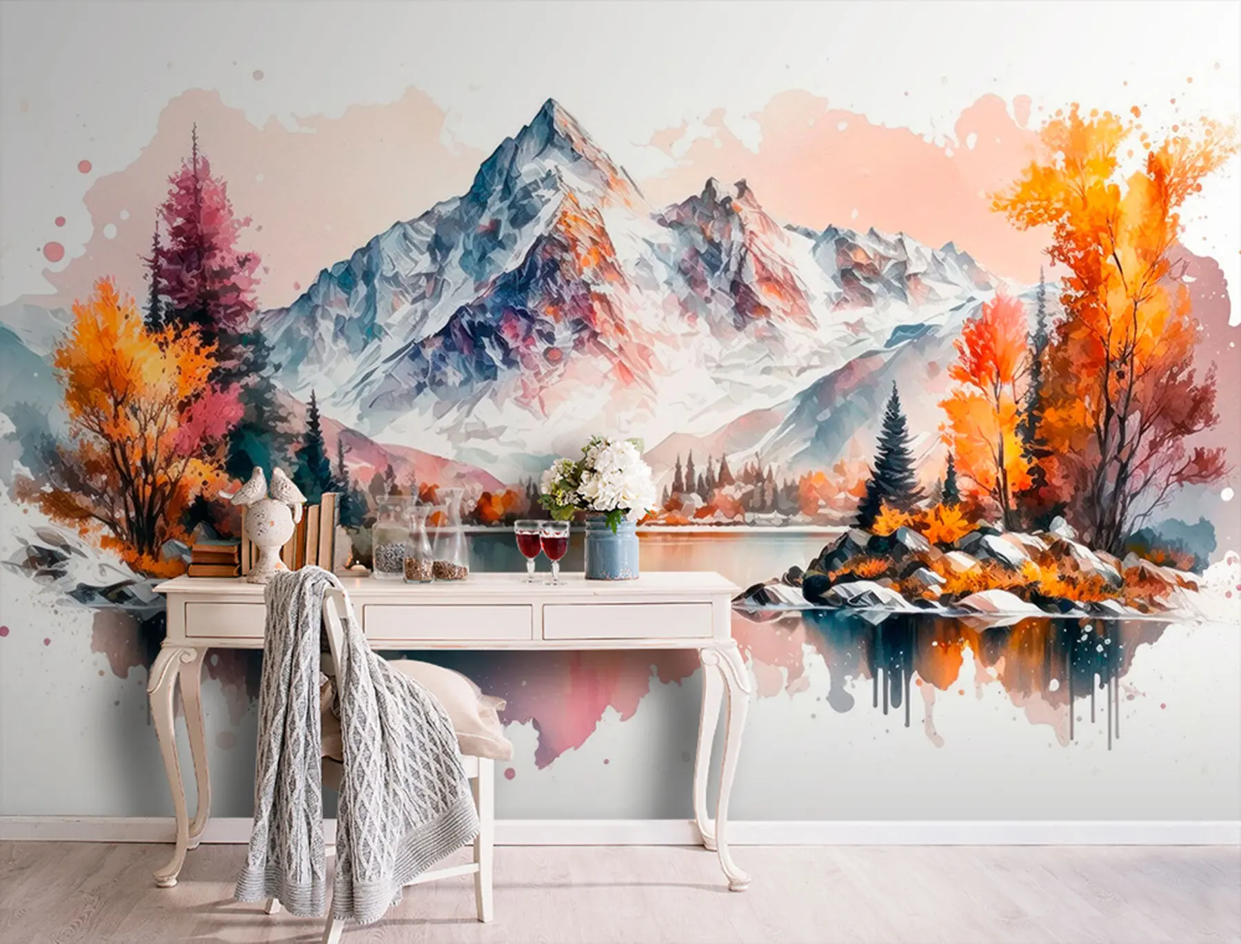 murais de parede Aquarela paisagem de outono de montanha com neve nos picos u94782