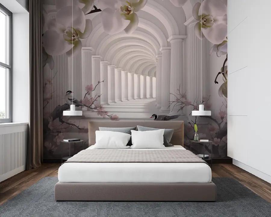 murais de parede Belo túnel com pássaros e orquídeas u94513