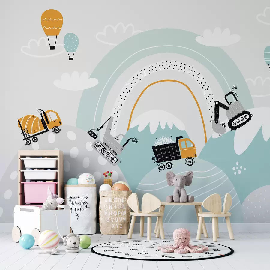 murais de parede Veículos de construção, paisagem de montanha, balões e nuvens em estilo escandinavo u95046