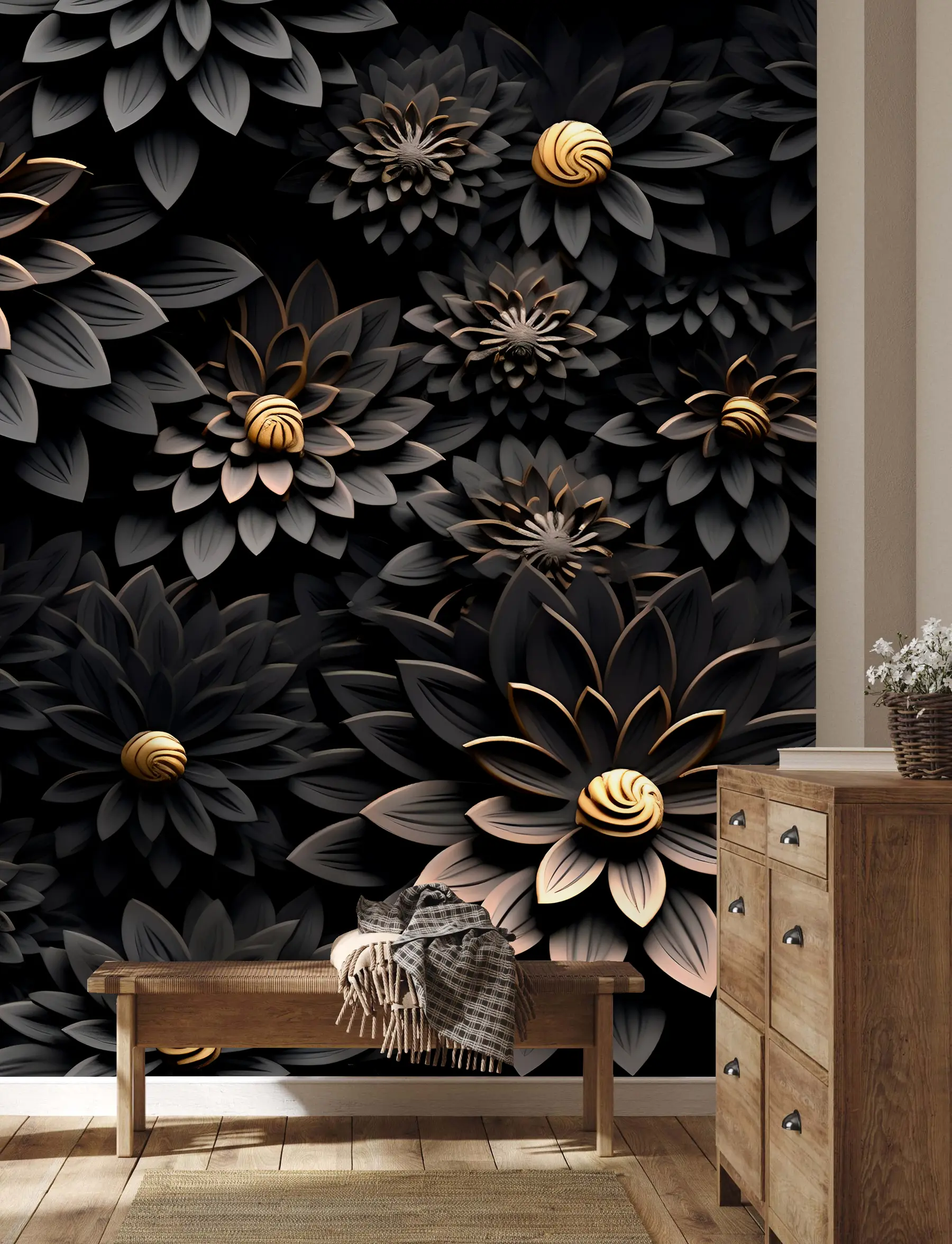 murais de parede Flores pretas com efeito 3D u95249