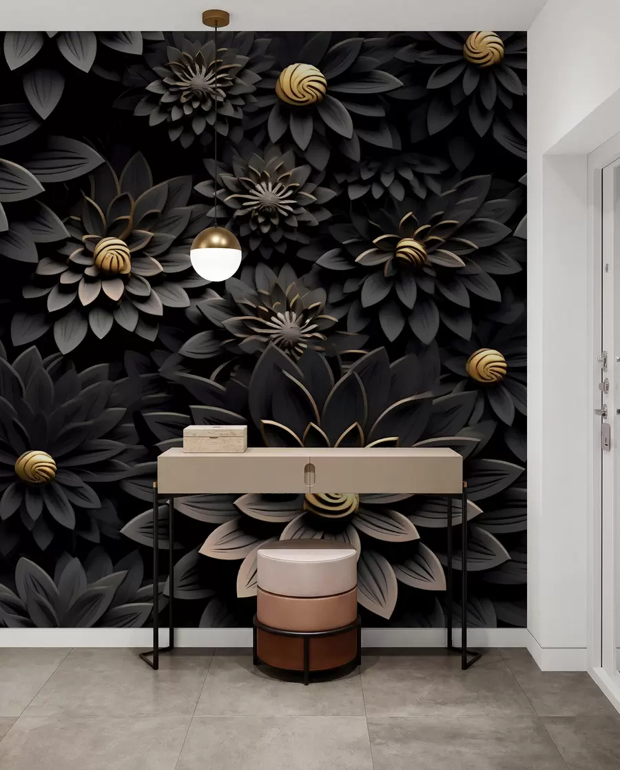 murais de parede Flores pretas com efeito 3D u95249