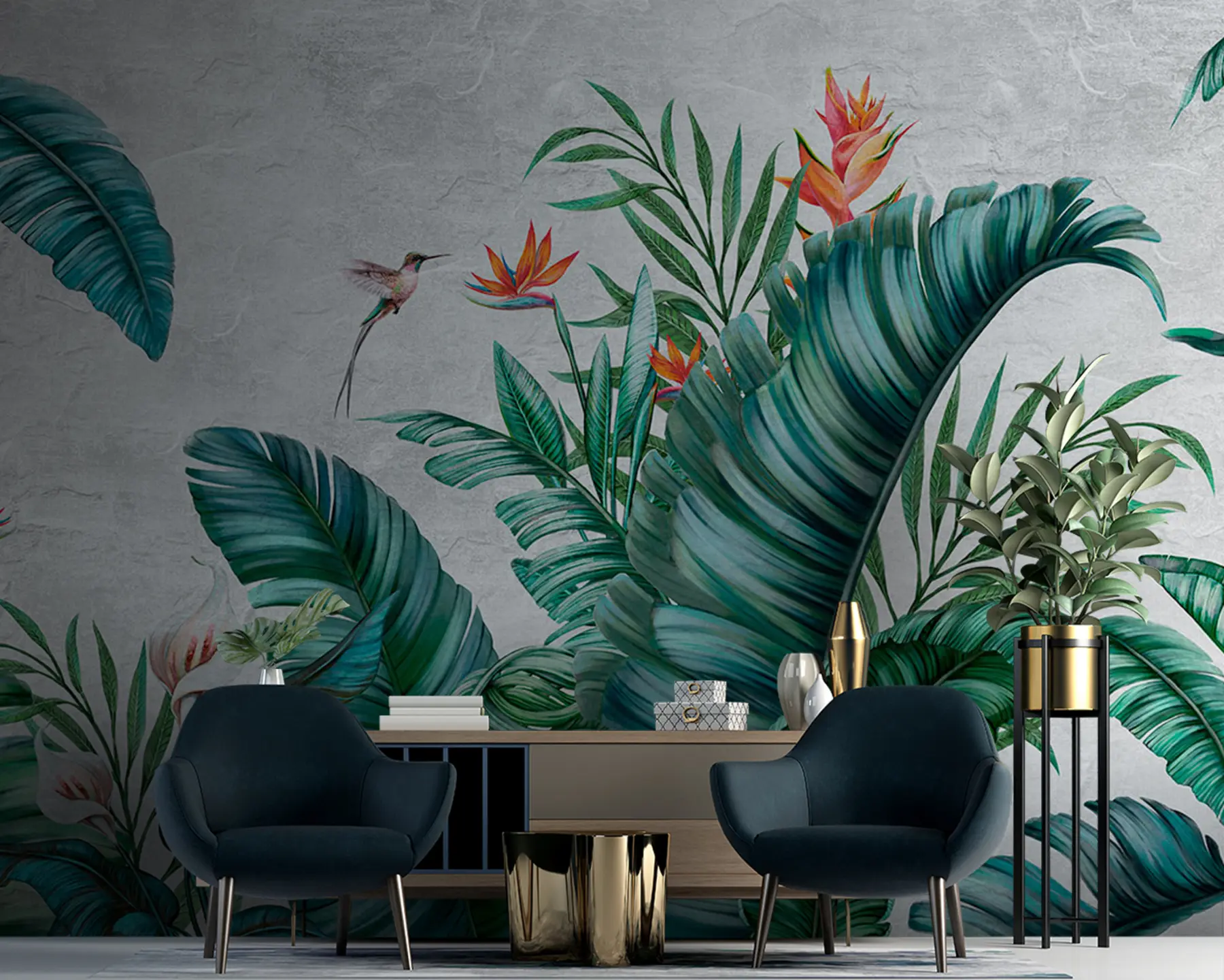 murais de parede Plantas e pássaros exóticos, selva e natureza selvagem. u95153