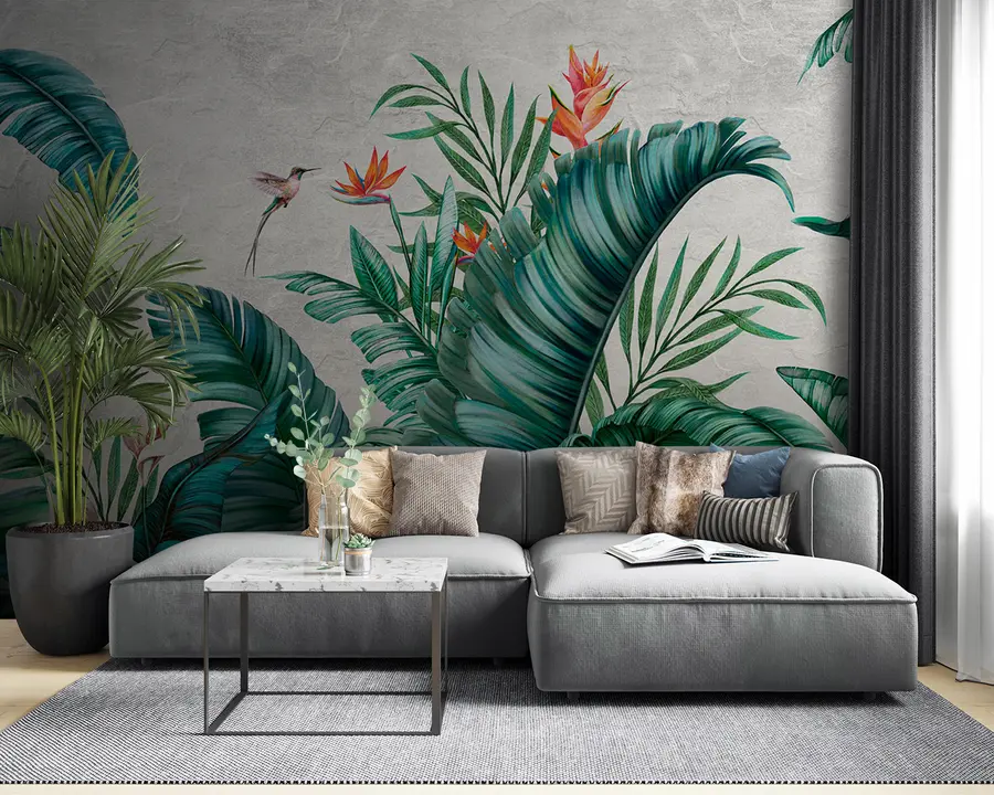 murais de parede Plantas e pássaros exóticos, selva e natureza selvagem u95153