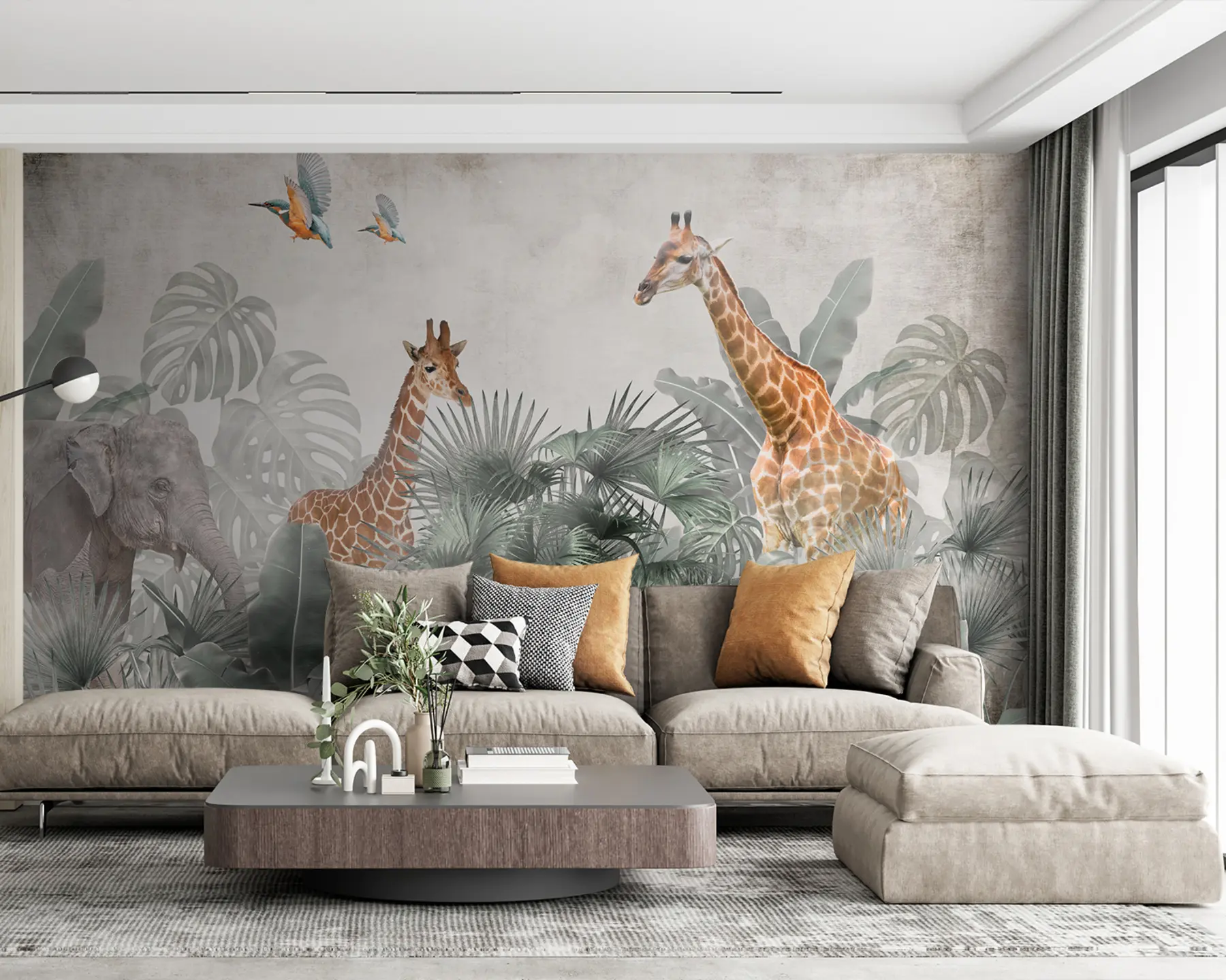 murais de parede Árvores tropicais e animais de safári u95271