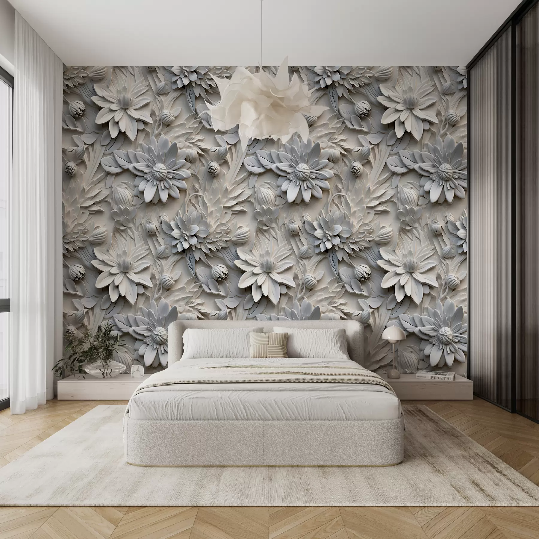 murais de parede Flores 3D volumétricas em cores claras u95589