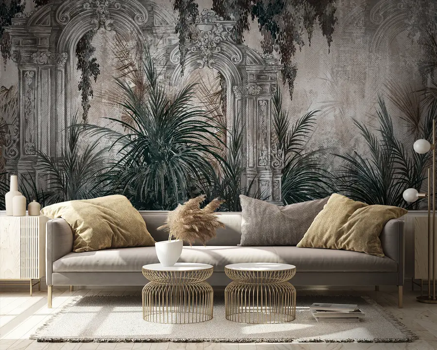 murais de parede Arquitetura antiga com folhas tropicais u95500