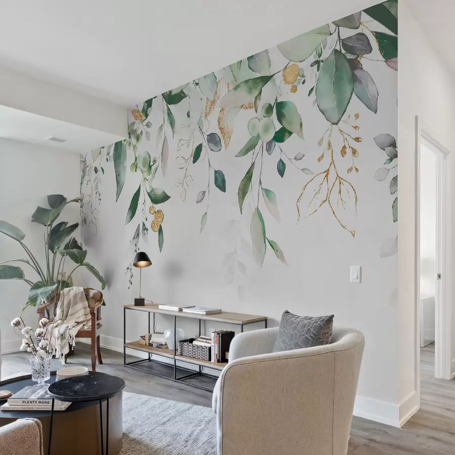 murais de parede Folhas de eucalipto penduradas em um fundo branco u95506