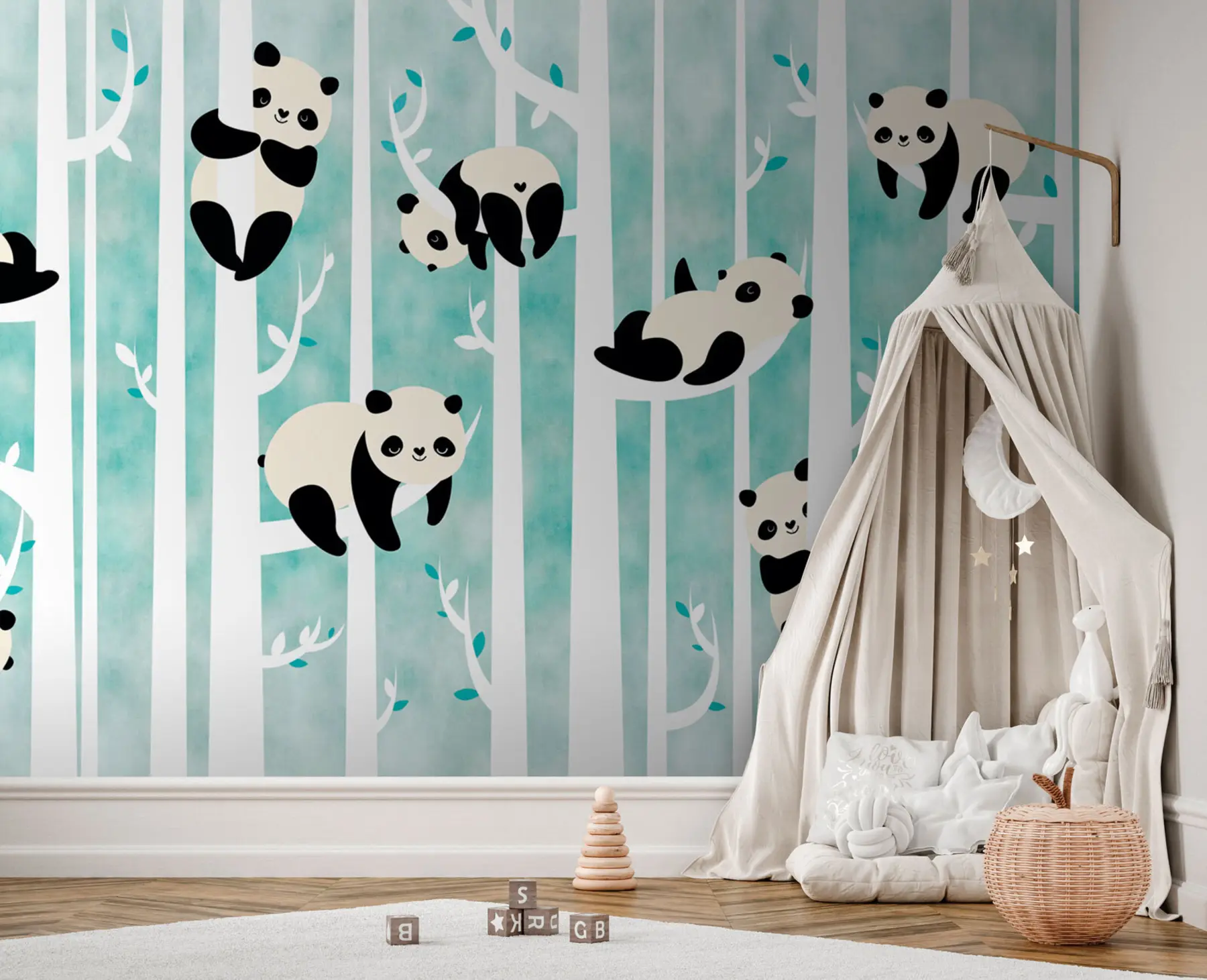 murais de parede Alegres pandas de contos de fadas chineses em árvores para o quarto das crianças u95025