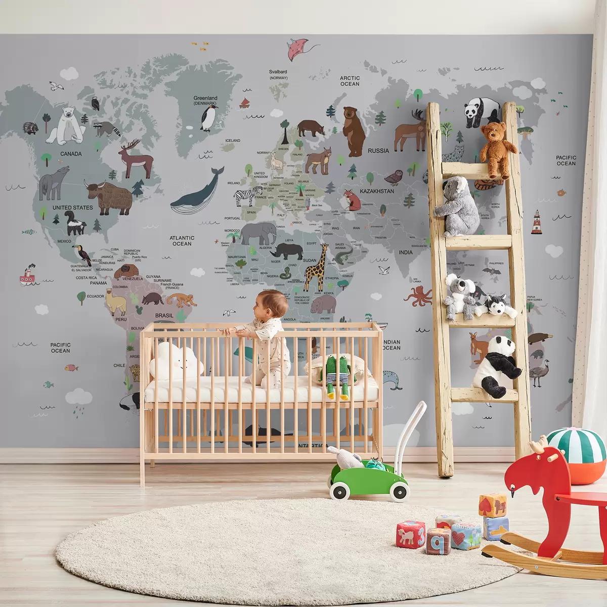 murais de parede Animais com mapa-múndi e nomes de países u95844