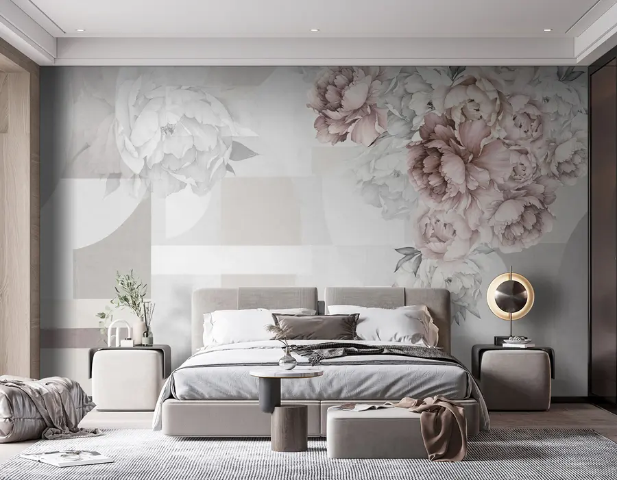 murais de parede Aquarela peônias na cor rosa com fundo geométrico u95855