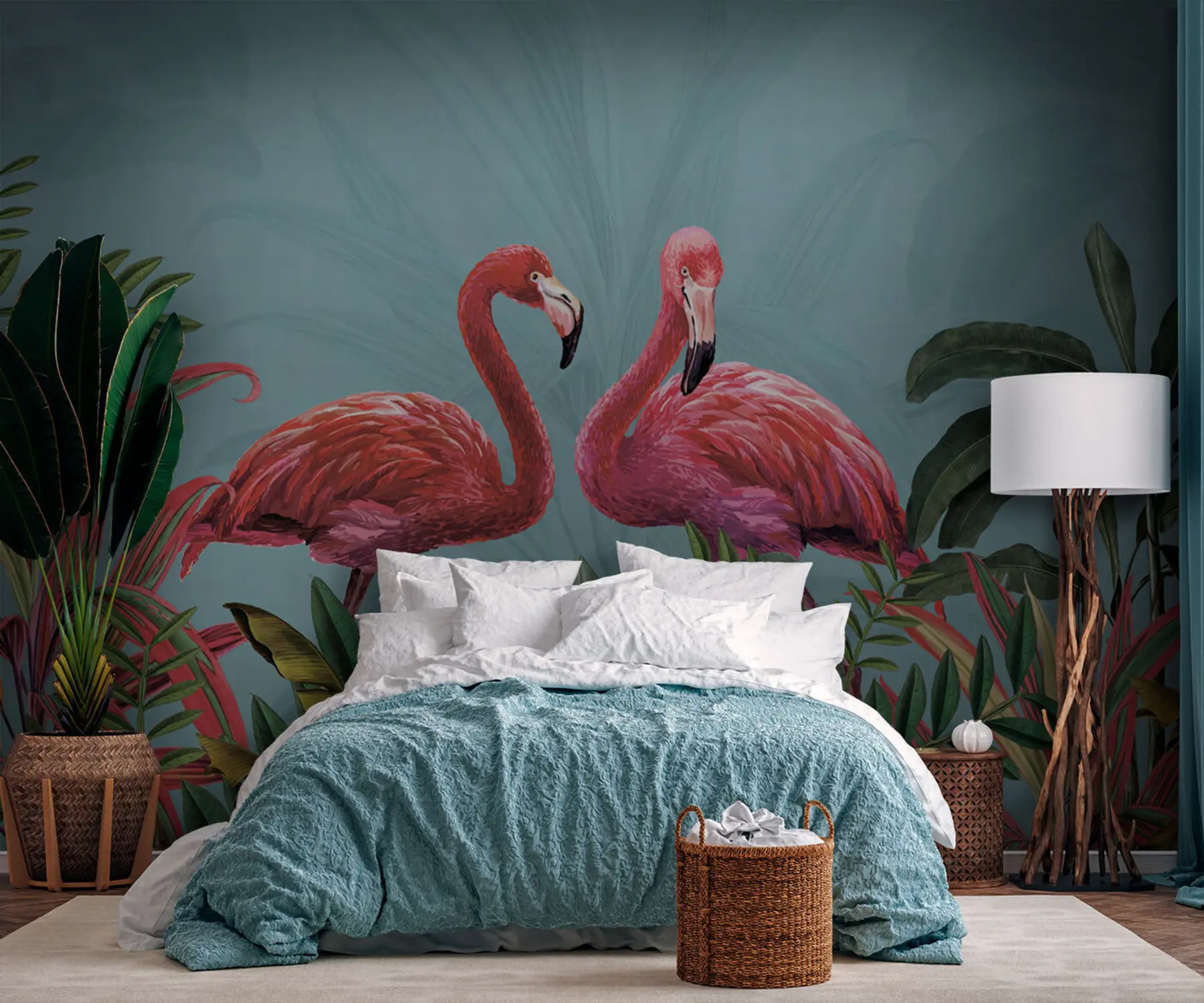 murais de parede Dois flamingos cor de rosa em matagais tropicais u95732