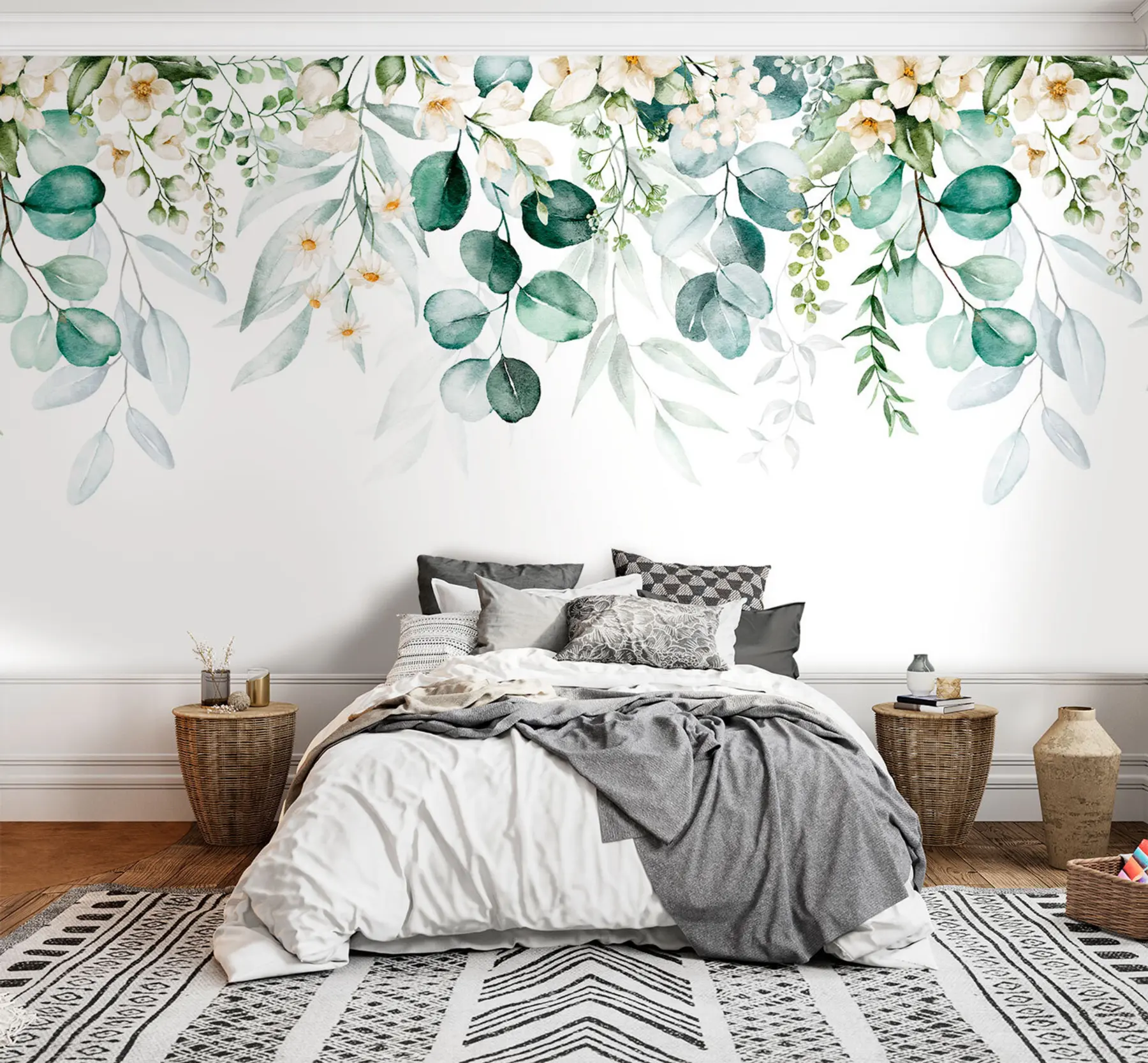 murais de parede Ilustração com folhas verdes, flores brancas, peónia e ramos u96063