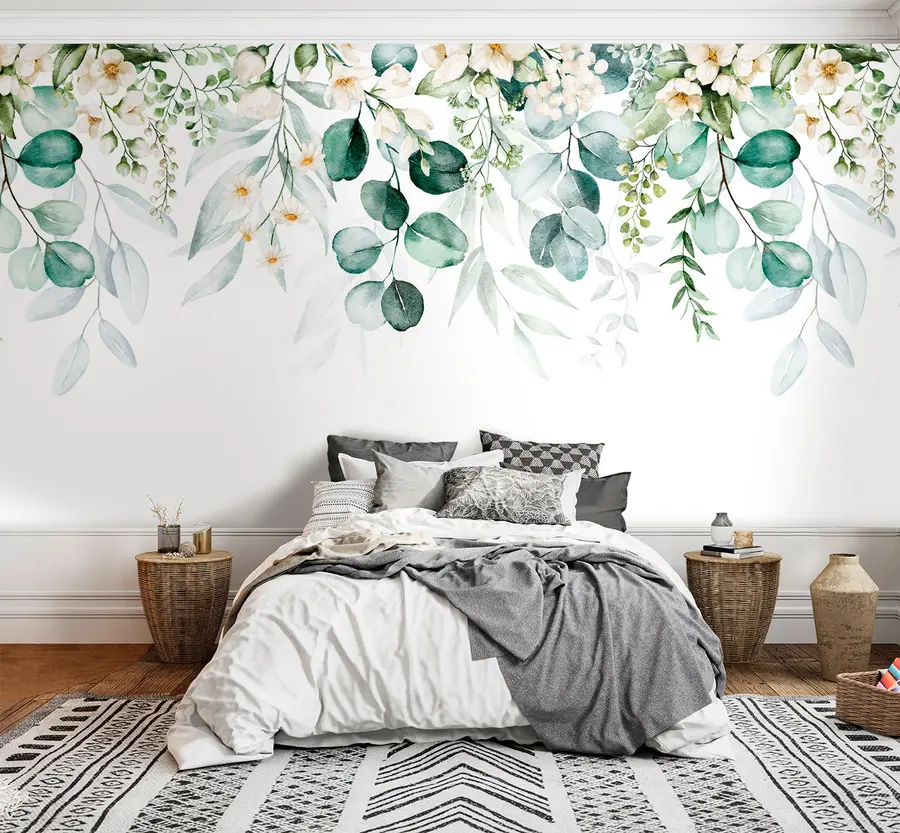 murais de parede Ilustração com folhas verdes, flores brancas, peónia e ramos u96063