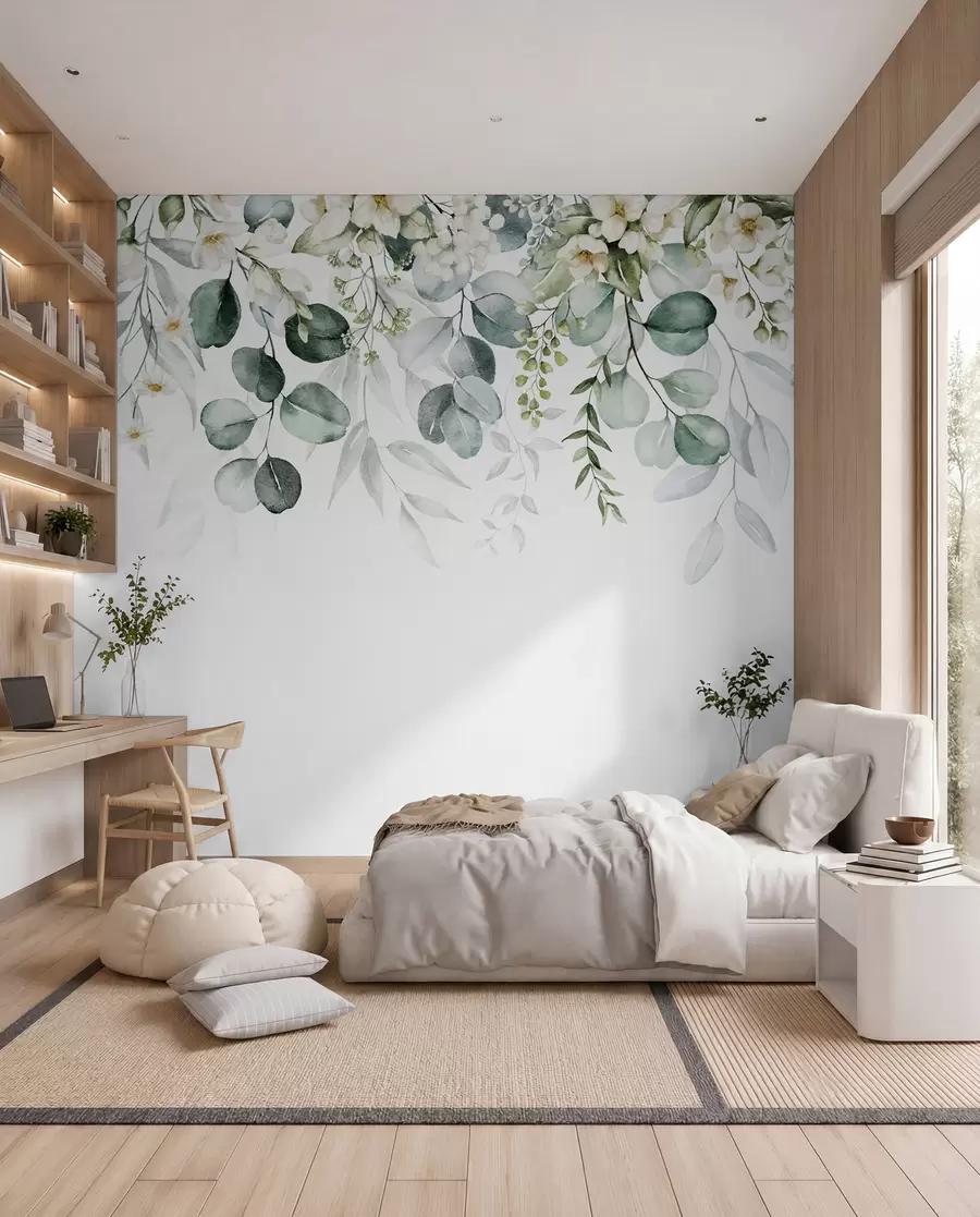 murais de parede Ilustração com folhas verdes, flores brancas, peónia e ramos u96063