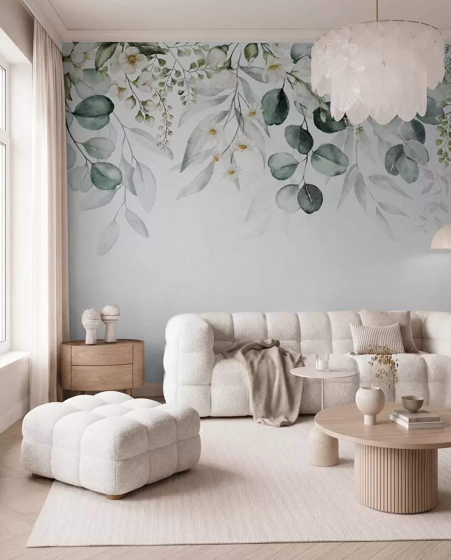 murais de parede Ilustração com folhas verdes, flores brancas, peónia e ramos u96063