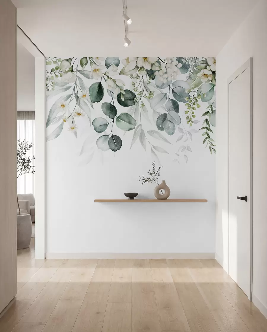 murais de parede Ilustração com folhas verdes, flores brancas, peónia e ramos u96063